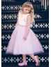 Satin Tulle 3D Flowers Waist Tea Length Flower Girl Dress